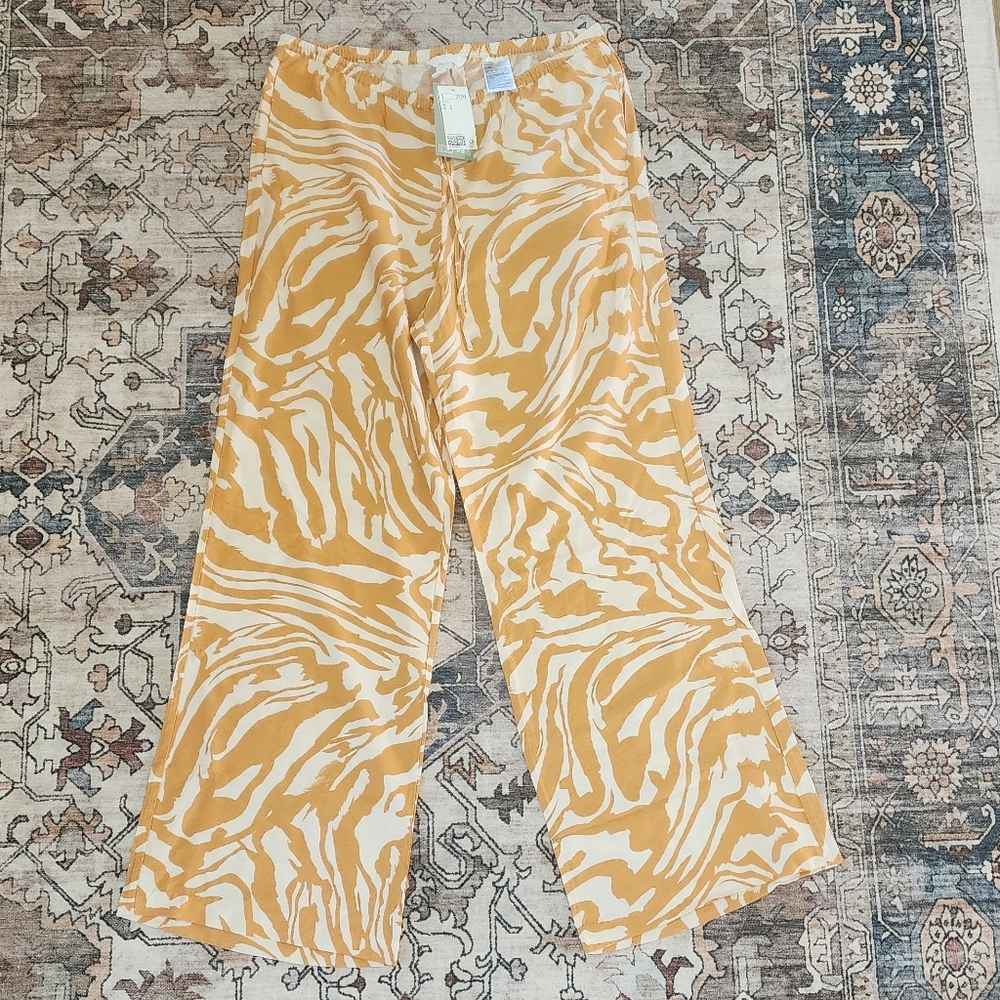 NWT H&M Wide Leg Drawstring Pants, Cream And Gold Yellow